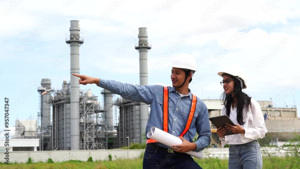 Asian female engineer and male engineer wearing engineering helmets standing and inspecting checking work with blueprints in an oil refinery and power plant Asian female engineer and male engineer wearing engineering helmets standing and inspecting checking work with blueprints in an oil refinery and power plant