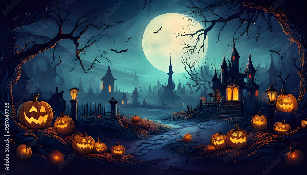 Spooky Halloween Scene with Haunted Houses, Pumpkins, and Bats Spooky Halloween Scene with Haunted Houses, Pumpkins, and Bats