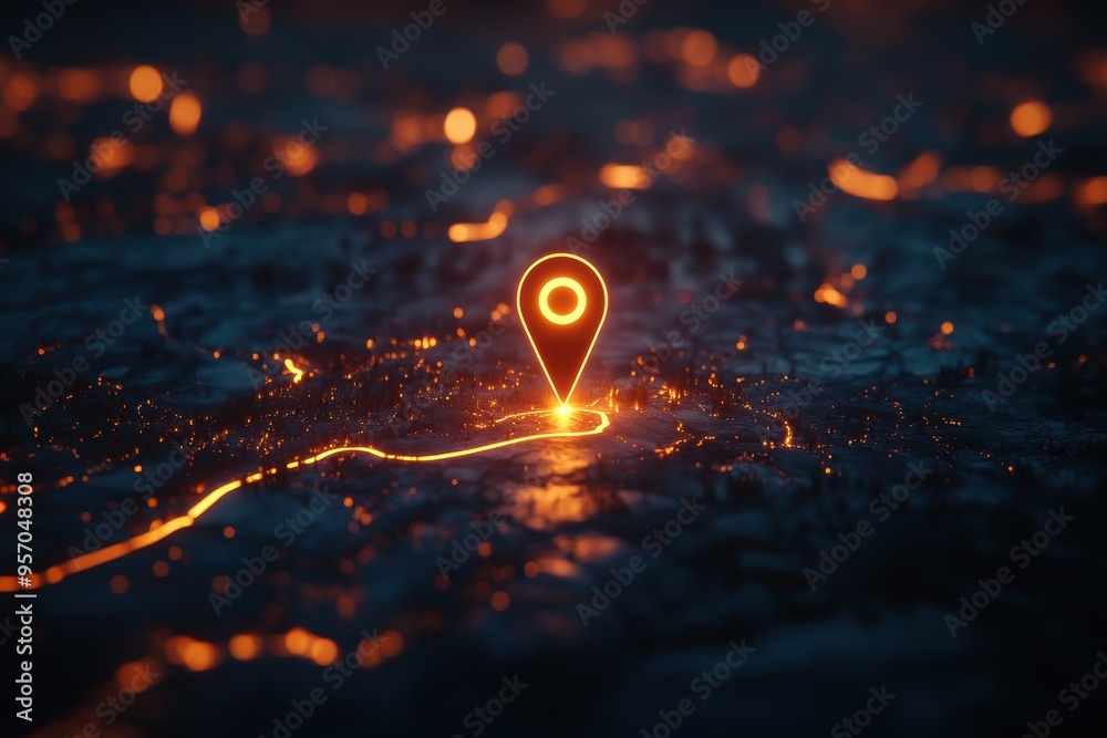 A glowing location pin positioned on a dark, textured surface, surrounded by soft, illuminated lines, creating a sense of depth and digital connectivity A glowing location pin positioned on a dark, textured surface, surrounded by soft, illuminated lines, creating a sense of depth and digital connectivity