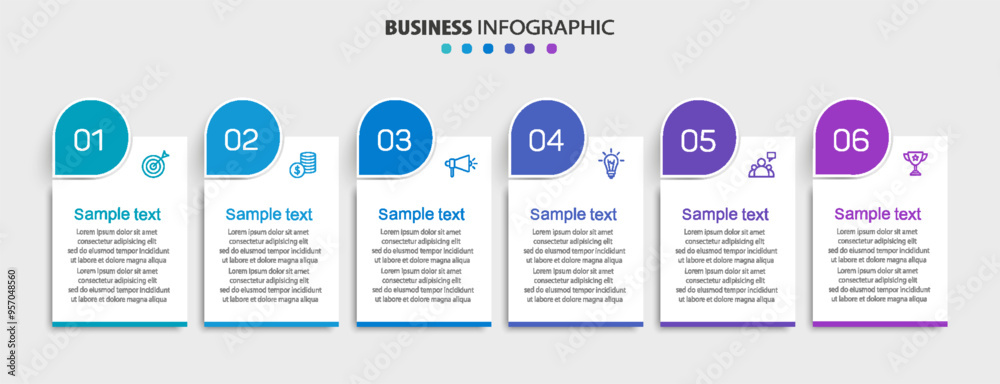 Business vector infographic design template with icons and 6 options or steps. Can be used for process diagram, presentations, workflow layout, banner, flow chart, info graph Business vector infographic design template with icons and 6 options or steps. Can be used for process diagram, presentations, workflow layout, banner, flow chart, info graph