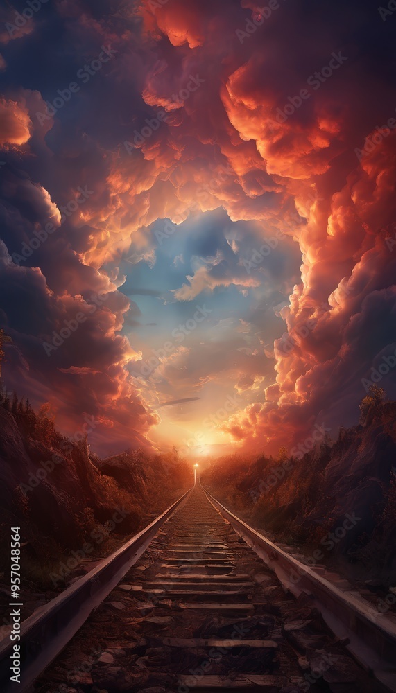 Naklejka premium train track with sunset in the background