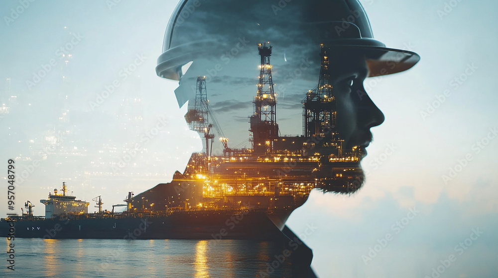 Obraz premium Double exposure Engineer hardhat develops AI-driven predictive maintenance systems for international shipping vessels.