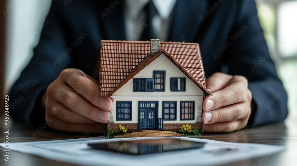 Real Estate Agent Holding a House Model Real Estate Agent Holding a House Model