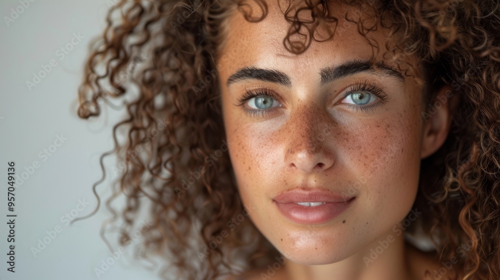 © Tatiana - Close-up of young woman's face with curly black hair on plain neutral background. Concept of improving hair appearance, revealing femininity and attractiveness, developing hairdressing business