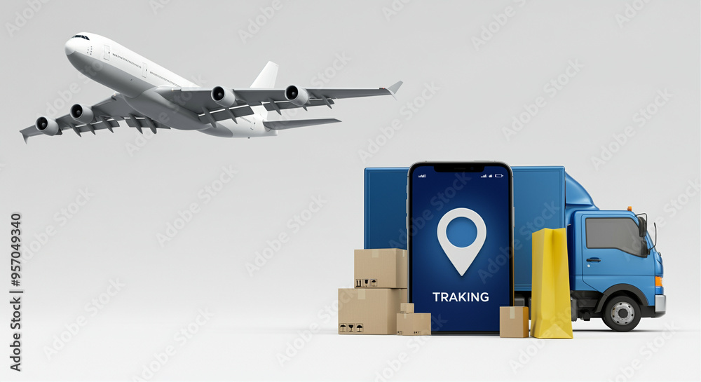 Delivery truck with boxes and tracking app under airplane for shipping logistics Delivery truck with boxes and tracking app under airplane for shipping logistics