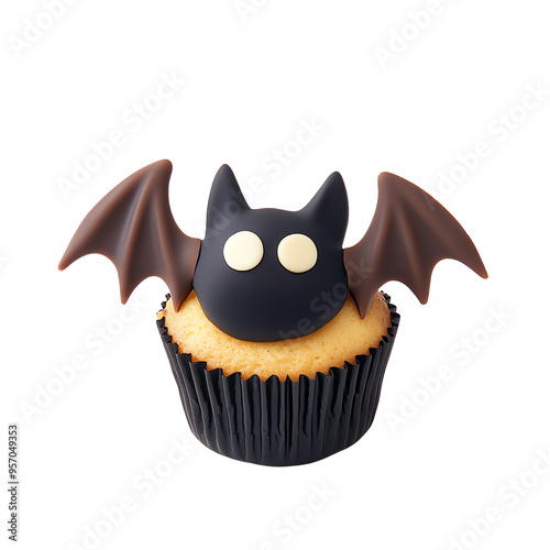 A whimsical cupcake decorated as a bat, perfect for Halloween parties and festive treats. photo