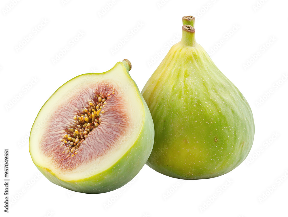 Fresh green figs, one whole and one halved, showcasing their juicy interior seeds. Isolated on PNG cutout transparent background Fresh green figs, one whole and one halved, showcasing their juicy interior seeds. Isolated on PNG cutout transparent background