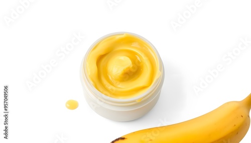 Yellow facial mask (banana face cream, shea butter hair mask or body butter) in the small white jar. Natural skin and hair concept isolated with white highlights, png photo