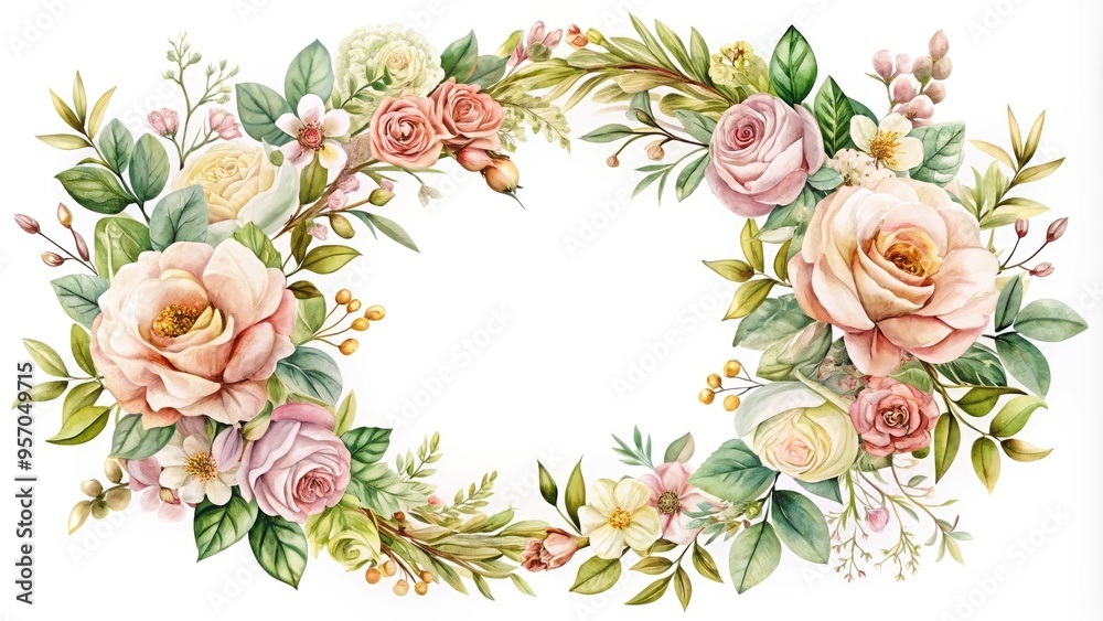 Intricate, hand-drawn floral wreath with lush greenery and blooming flowers in soft, pastel hues, surrounded by ornate, golden borders, perfect for elegant designs and invitations. Intricate, hand-drawn floral wreath with lush greenery and blooming flowers in soft, pastel hues, surrounded by ornate, golden borders, perfect for elegant designs and invitations.