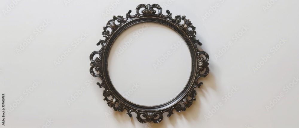 An ornate empty round picture frame with intricate details hangs on a plain white wall, waiting to be filled with memories. An ornate empty round picture frame with intricate details hangs on a plain white wall, waiting to be filled with memories.