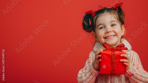 Smiling little girl with christmas gift in hands on red background. Christmas, birthday celebration concept, copy space 