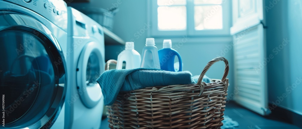 A tidy laundry room with a wicker basket of folded clothes and detergent bottles, basking in natural light.