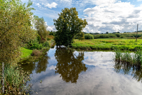 Tranquil river scene reflecting trees and clouds under a blue sky in a lush green landscape