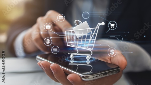 A person uses a smartphone to engage in online shopping, with a shopping cart symbol and digital icons representing various products and services