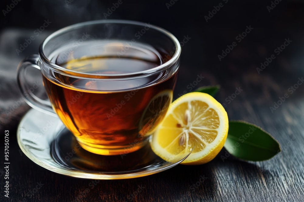 A Cup of Steaming Tea with Lemon Slice and Leaf on a Wooden Table A Cup of Steaming Tea with Lemon Slice and Leaf on a Wooden Table