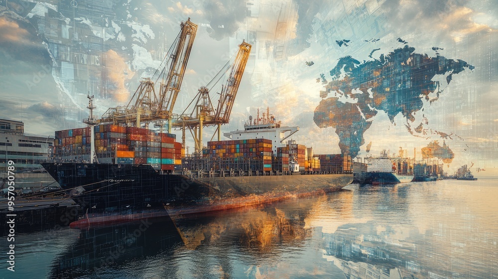Cargo ships docked at a harbor, overlaid with a digital world map ...