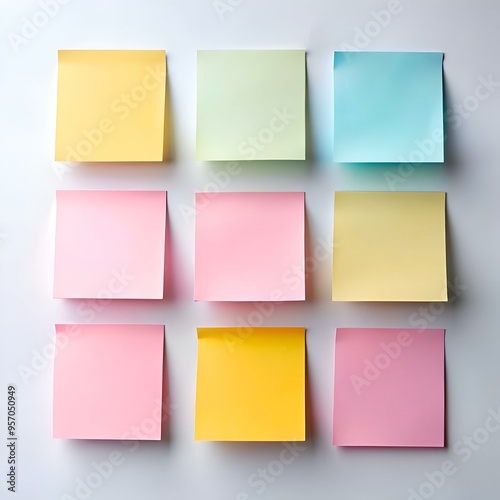 A set of nine blank sticky notes in assorted colors. perfect for adding a pop of color to your projects or presentations.