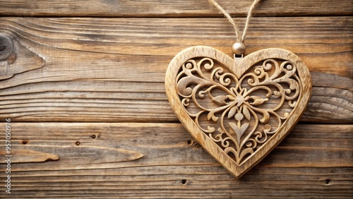 Intricately crafted heart-shaped wooden decoration with smooth, natural finish and delicate details, set against a rustic wooden background with subtle texture and warm tones.