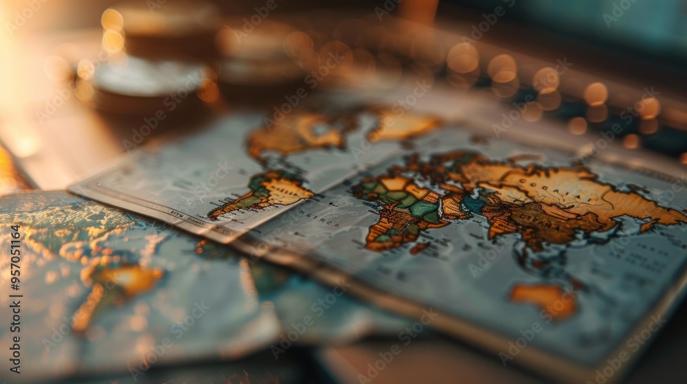 Naklejka premium Detailed cartographic world map depicting continents countries and geographic features showcasing themes of adventure discovery and global for educational and planning purposes
