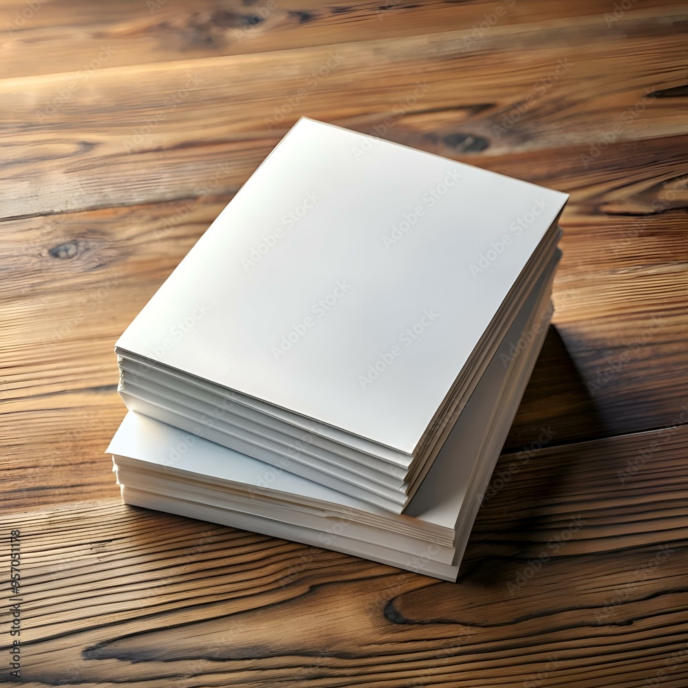 A clean and simple mockup of a stack of blank paper on a rustic wooden table. A clean and simple mockup of a stack of blank paper on a rustic wooden table.