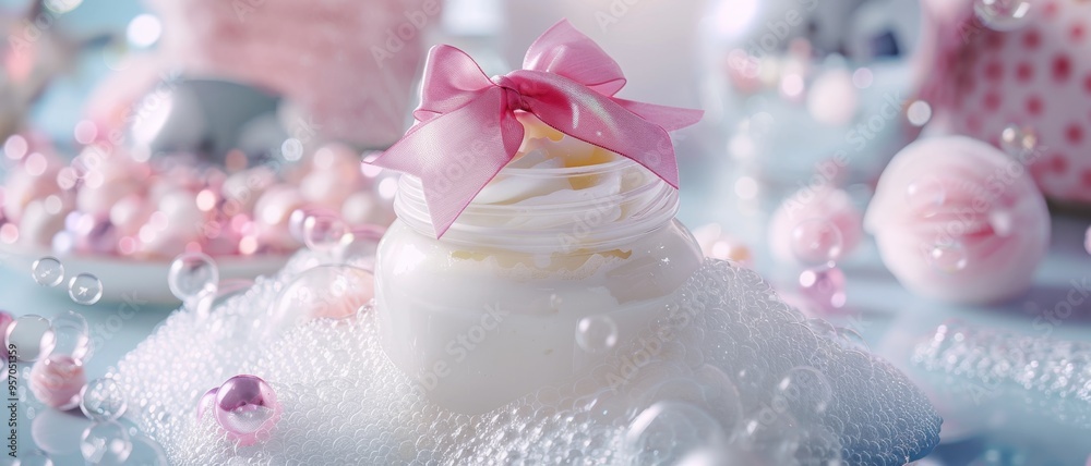 A delicate jar of cream adorned with a pink bow, surrounded by fluffy bubbles and pastel-colored accessories, creating a fresh and luxurious skincare scene. A delicate jar of cream adorned with a pink bow, surrounded by fluffy bubbles and pastel-colored accessories, creating a fresh and luxurious skincare scene.