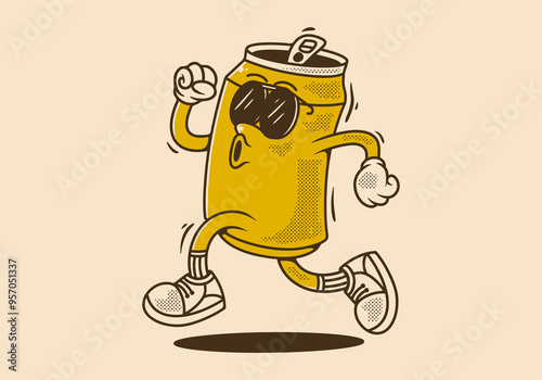 Mascot character design of can drink in running pose