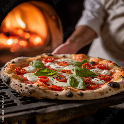 Traditional margherita pizza being served hot from the wood-fired oven photo