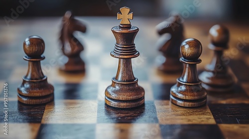 A close-up view of a chessboard featuring wooden chess pieces, showcasing a king surrounded by pawns and knights in strategic formation. photo