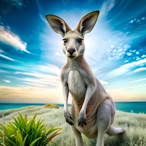 A friendly 3D rendered kangaroo stands against a scenic backdrop. perfect for children's books. educational materials. or playful designs. photo