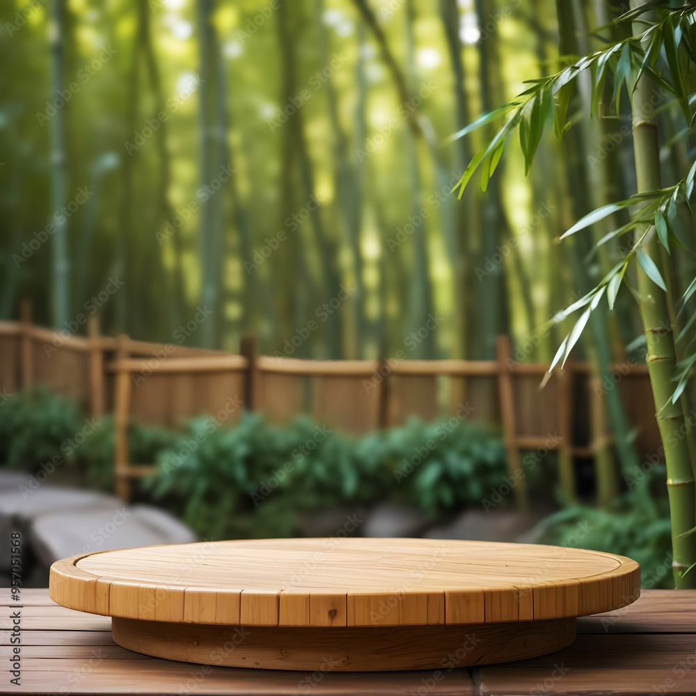 podium with blurred bamboo forest in background podium with blurred bamboo forest in background