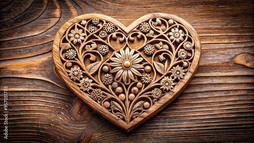 Intricately handcrafted wooden heart adorned with delicate floral patterns and ornate details, symbolizing love and affection. photo