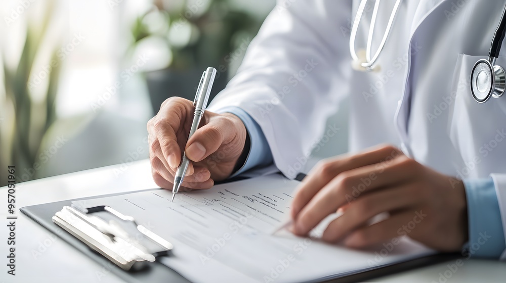 Writing Prescription: Doctor's hands writing a prescription on a clipboard, with a pen and paper.
Writing Prescription: Doctor's hands writing a prescription on a clipboard, with a pen and paper.