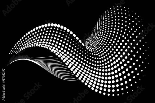 vector illustration of flowing dots and particles forming 3D wave pattern with curved halftone shapes
