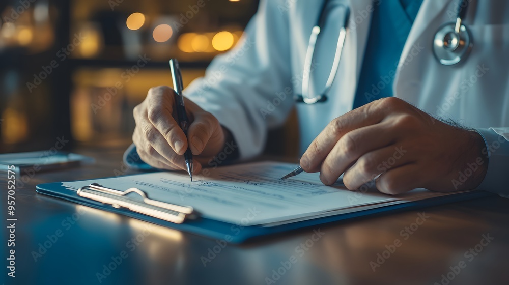 Obraz premium Writing Prescription: Doctor's hands writing a prescription on a clipboard, with a pen and paper. 