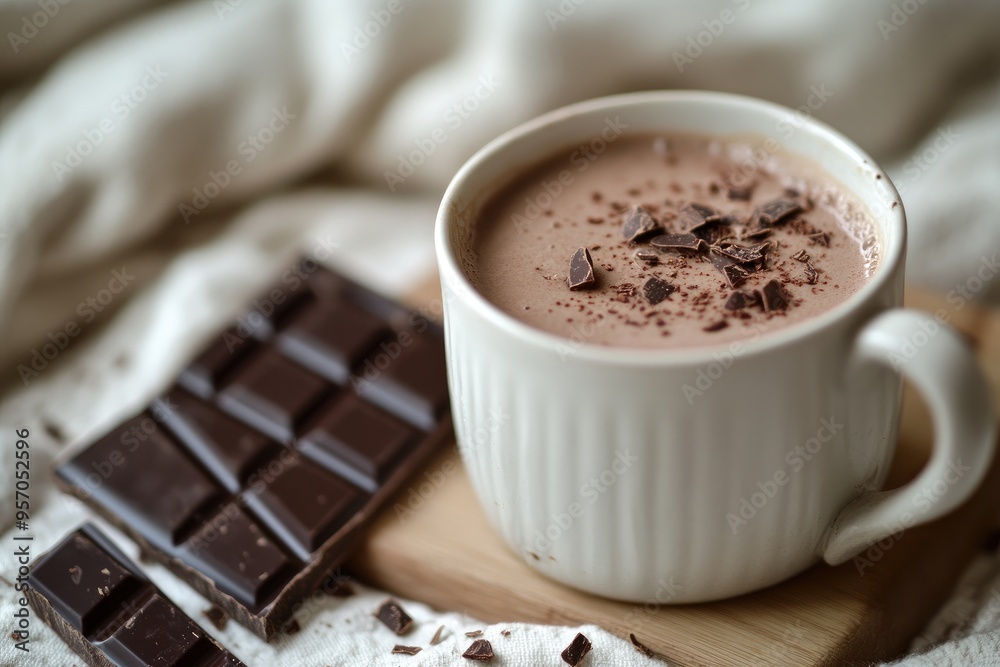A White Mug of Hot Chocolate Topped with Chocolate Shavings A White Mug of Hot Chocolate Topped with Chocolate Shavings