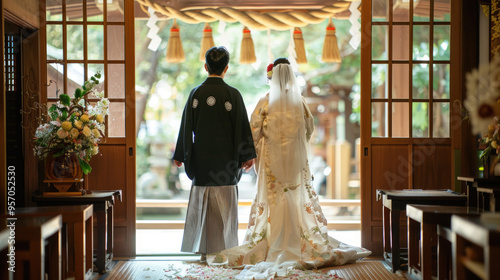 Traditional Japanese Wedding Ceremony in Shinto Shrine with Bride and Groom in Kimono