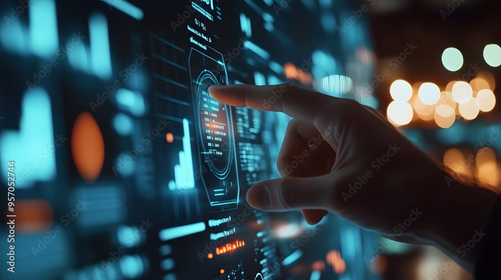 Businessman touching a virtual screen with hologram graphs and data on a digital display over a blurred dark background. Close-up view of a hand pointing at the interface. Businessman touching a virtual screen with hologram graphs and data on a digital display over a blurred dark background. Close-up view of a hand pointing at the interface.