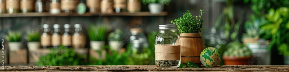 Assorted aromatic herbs and spices in jars and bottles displayed on rustic wooden shelves Herbal ingredients and kitchen utensils in a cozy natural looking interior scene Assorted aromatic herbs and spices in jars and bottles displayed on rustic wooden shelves Herbal ingredients and kitchen utensils in a cozy natural looking interior scene
