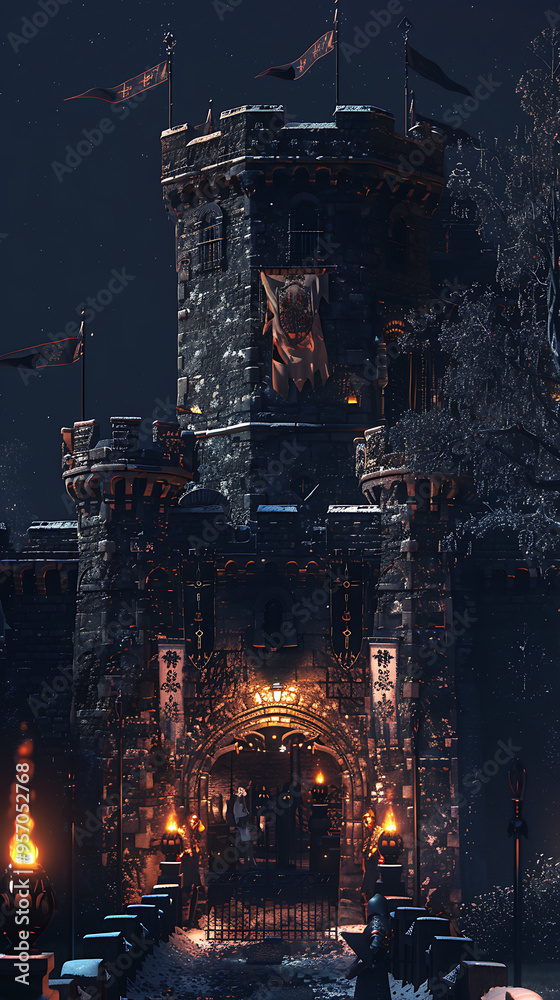 Mysterious Nordic Castle at Night with Torchlit Walls, Fluttering Banners, and Guarded by Warriors in Armor Mysterious Nordic Castle at Night with Torchlit Walls, Fluttering Banners, and Guarded by Warriors in Armor