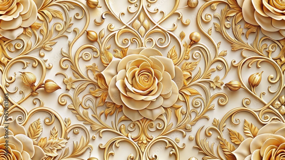 Intricate rose pattern with golden filigree and ornate details on a creamy background, perfect for luxury branding, packaging, and elegance-inspired designs. Intricate rose pattern with golden filigree and ornate details on a creamy background, perfect for luxury branding, packaging, and elegance-inspired designs.