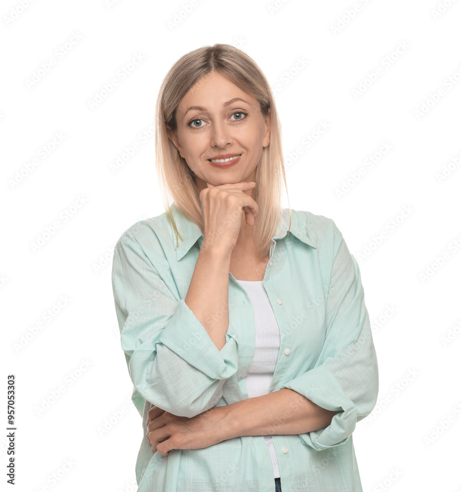 Portrait of beautiful smiling woman isolated on white Portrait of beautiful smiling woman isolated on white