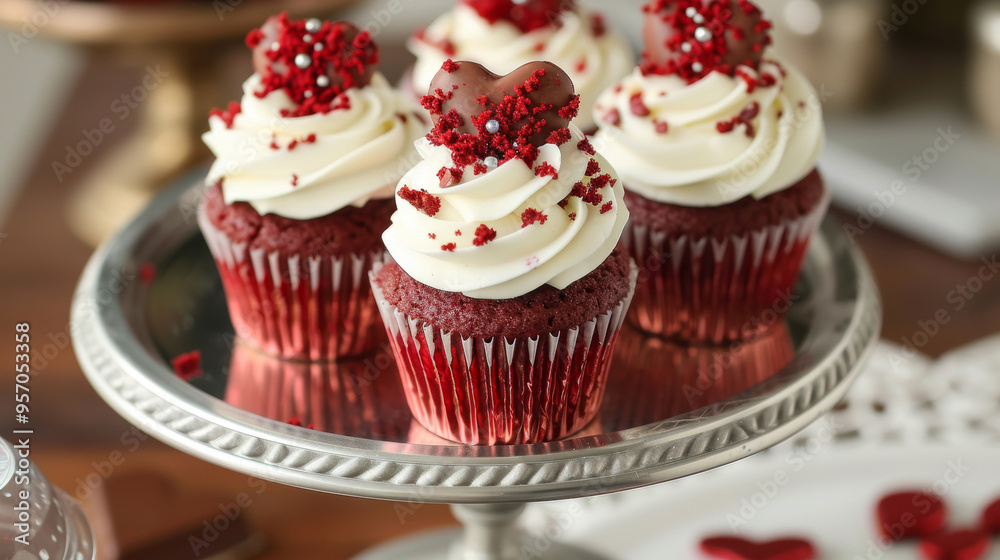 Classic Red Velvet Cupcakes: Cream cheese frosting, red velvet crumbs, and a chocolate heart on a silver cake stand Classic Red Velvet Cupcakes: Cream cheese frosting, red velvet crumbs, and a chocolate heart on a silver cake stand