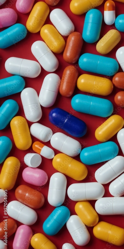 many colorful pills on red background many colorful pills on red background