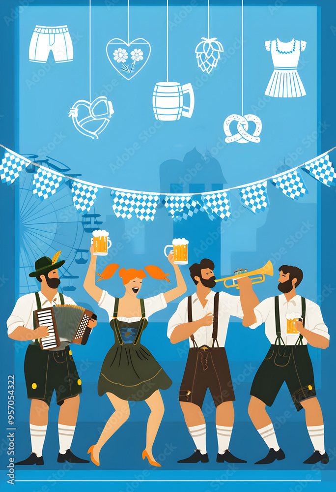 Obraz premium Beer Fest Celebration Poster with Dancing People and Festival Labels 