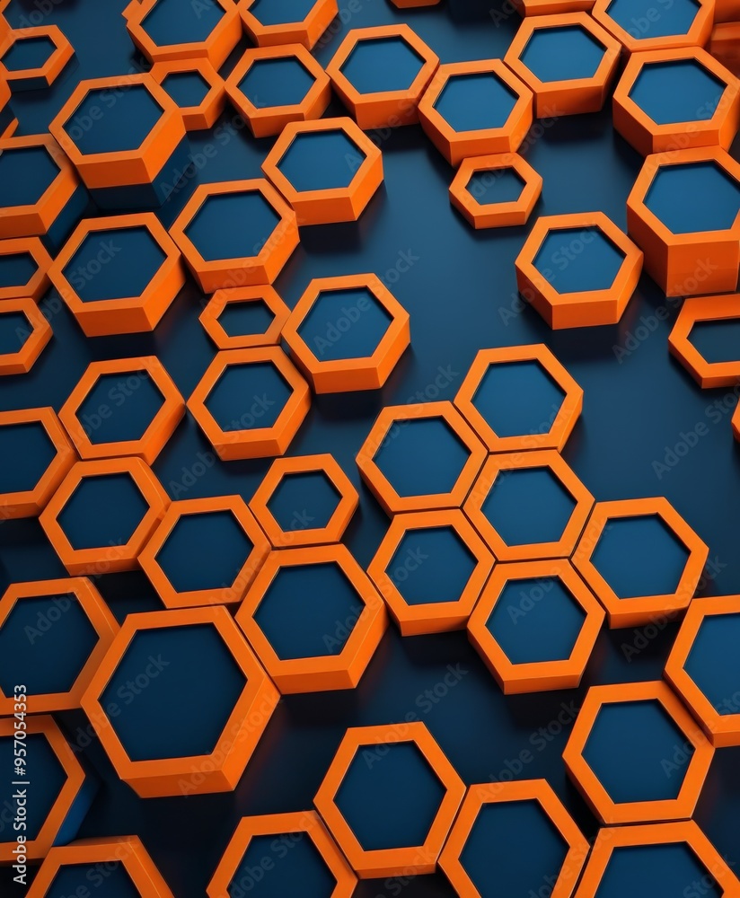 Obraz premium bunch orange hexagons on blue background