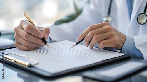 Writing Prescription: Doctor's hands writing a prescription on a clipboard, with a pen and paper. 