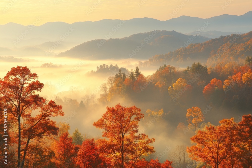 This is a beautiful sunrise near Great Smoky Mountains National Park, with the trees in peak autumn colors and the sky glowing orange. The valleys in the distance look foggy and hazy due to fog and This is a beautiful sunrise near Great Smoky Mountains National Park, with the trees in peak autumn colors and the sky glowing orange. The valleys in the distance look foggy and hazy due to fog and