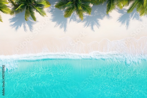 Fototapeta Naklejka Na Ścianę i Meble -  beach background with coconut tress and sea waves with copy space, tourism holiday theme