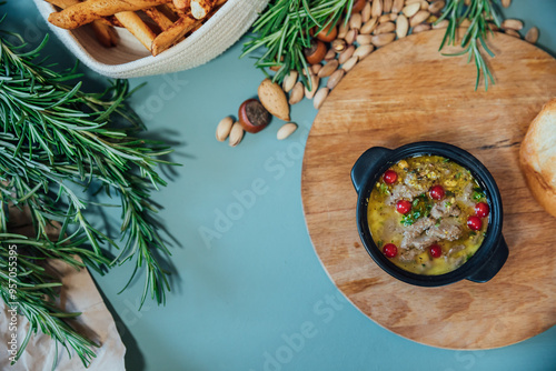 Delicious soup and baguette bread for food as background photo