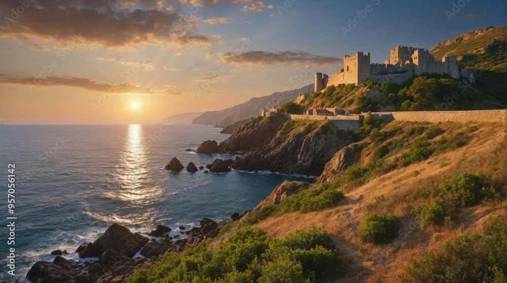 Wallpaper, medieval castle on rocky island Wallpaper, medieval castle on rocky island